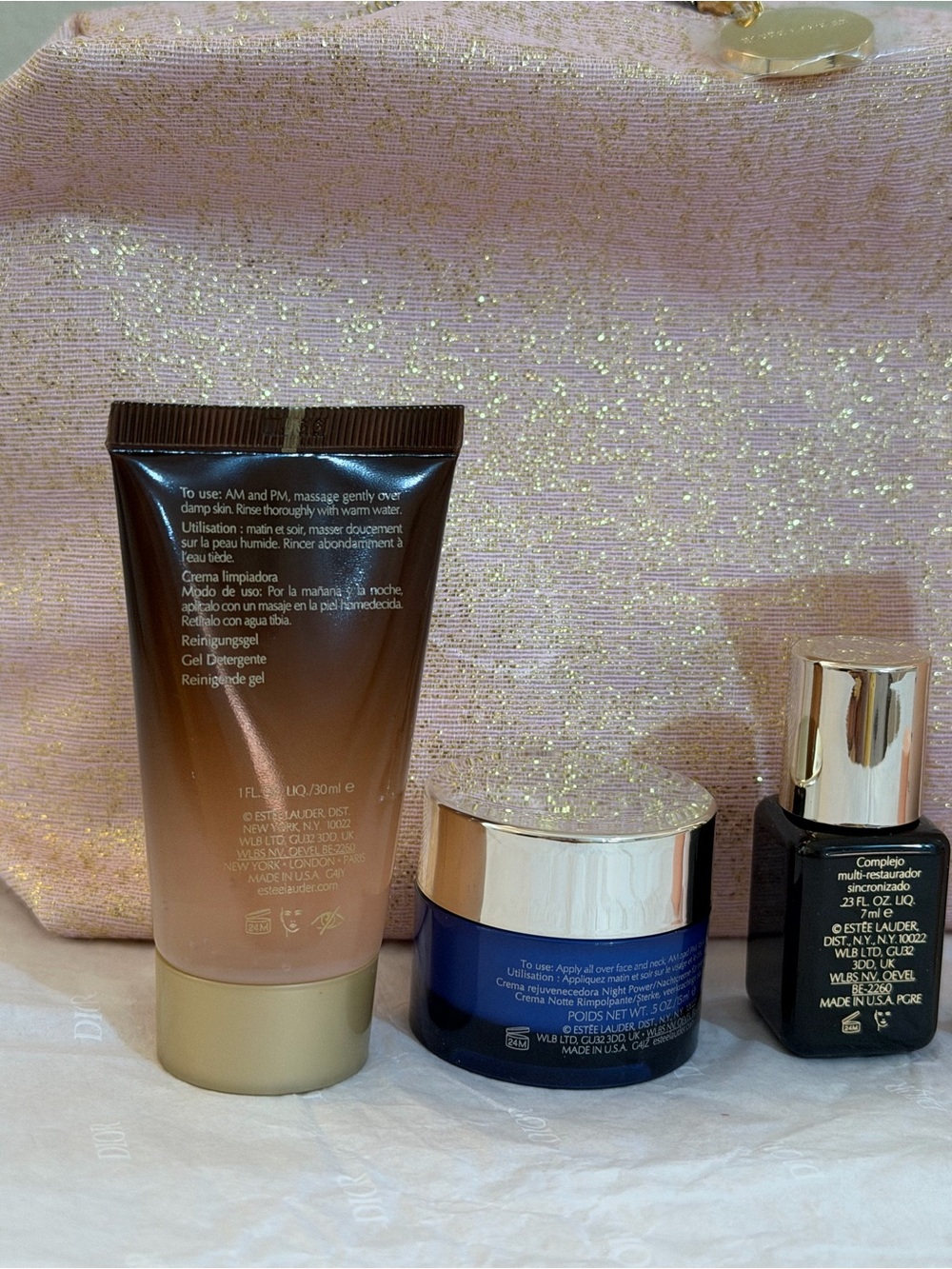 Estee Lauder Pink Glitter Cosmetic Pouch with Skincare & Lipstick - Picture 8 of 12